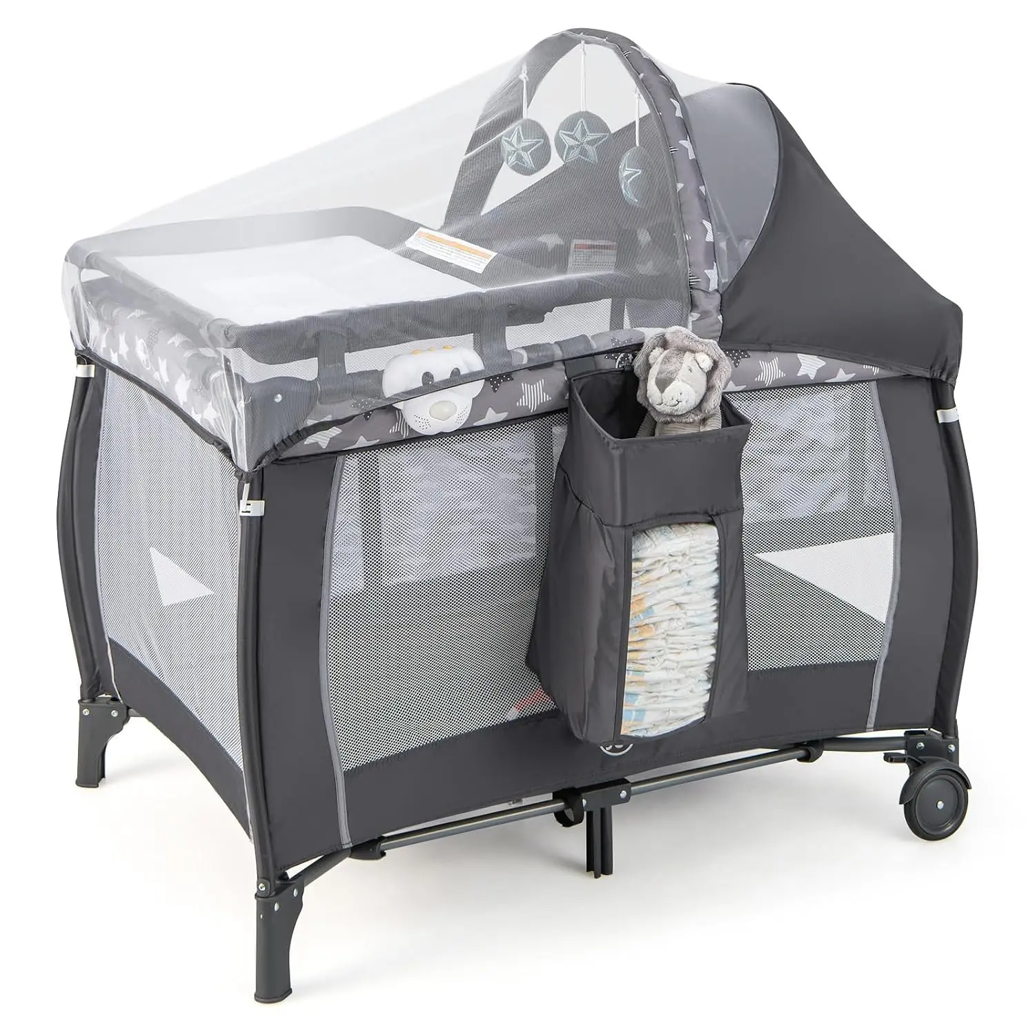 4 in 1 Pack and Play, Portable Baby Playard with Bassinet, Adjustable Canopy, Changing Table, Lockable Wheels, Glowing Music Box, Travel Baby Crib Bassinet Bed from Newborn to Toddler