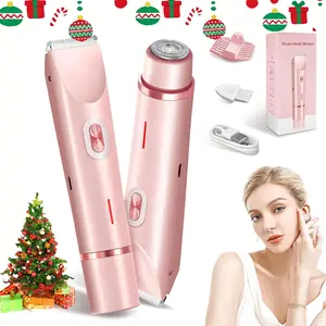 Bikini Trimmer for Women, Electric Shaver and Razor Rechargeable 2-in-1 Bodyand Facial Hair Removal Double Head forPainless Trimming of Pubic Face UnderarmLegs,IPX7 Waterproof, pink