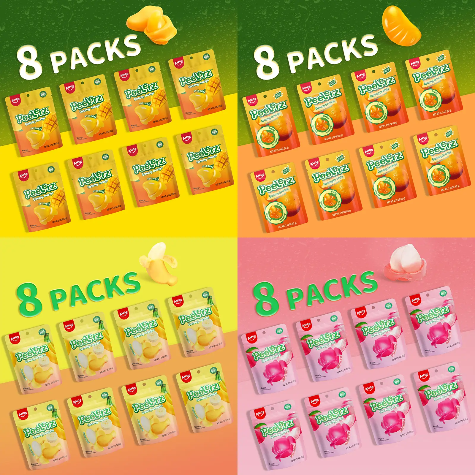 (8 Packs)AMOS Gummy Peelerz Gummy Peelable Gummy , Fruit Candy, Resealable 2.54 oz Bag Snack Bonbon Sweet Soft Mango Candies Mangga Flavor Glutinous