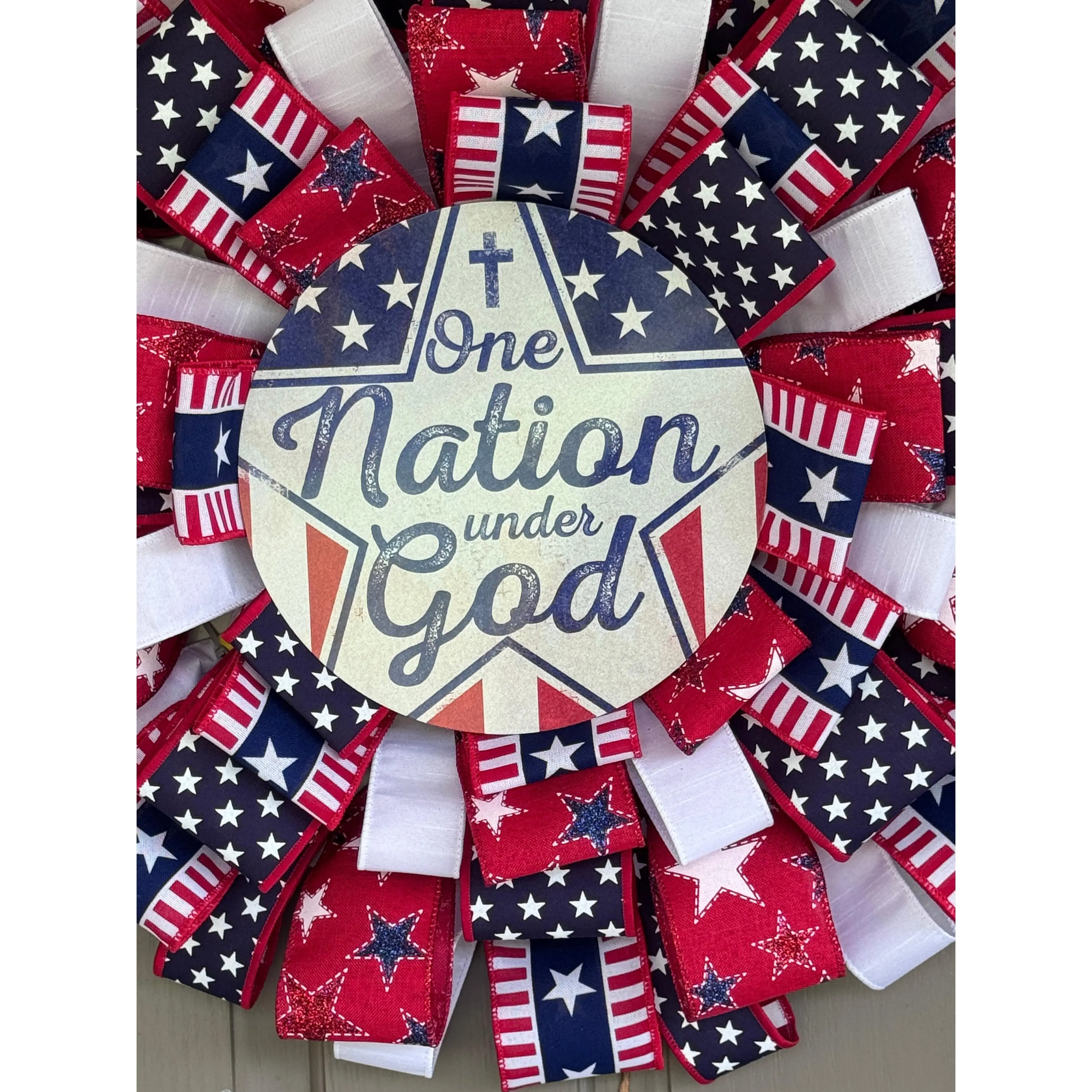 Patriotic Ribbon Wreath | Storm Door Friendly Red White Blue Wreath | American Flag 4th of July Decor