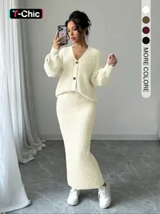 Women's Solid Button-Front Sweater & Long Skirt Two-piece Set, Casual Drop-Shoulder Long Sleeve Knit Top & High Waist Skirt for Daily Outdoor Wear, Women's Knitwear for Fall & Winter