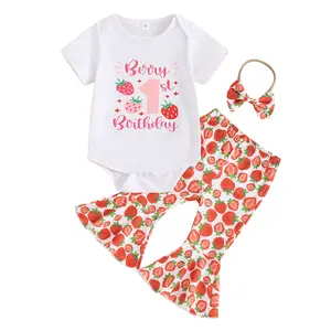 Berry First Birthday Outfit Girl Baby Letter Strawberry Romper and Bell Bottoms Pants 1st Birthday Girl Outfit