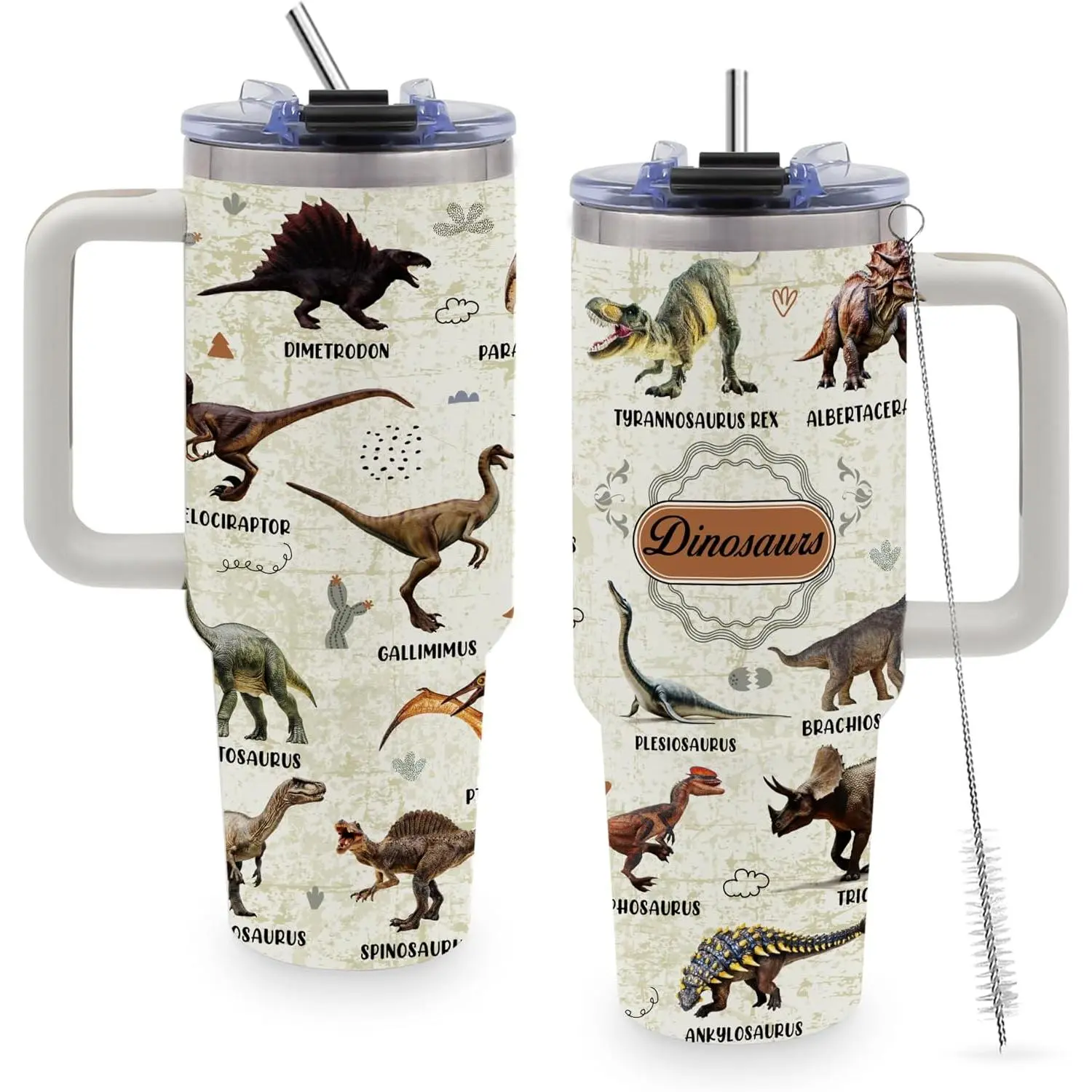 40oz Printed Stainless Steel Dinosaur Vacuum Flask Tumbler - Animals-Themed, Leak-Proof Kitchenware Drinkware, 2000+ml (2,000 ml and above) Capacity, 13-24H Insulation, Handle, Straw, Straw Cap, Lid, Casual 1 Size Birthday Gift for Adults