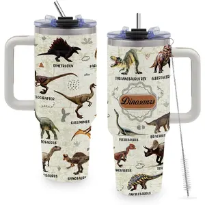 40oz Stainless Steel Dinosaur Travel Tumbler - Tumbler Style Vacuum Flask, Leak-Proof Kitchenware Drinkware with Handle, Straw, 13-24H Insulation, 2000+ml Capacity, Dinosaur Gift for Adults, Birthday Party Supply