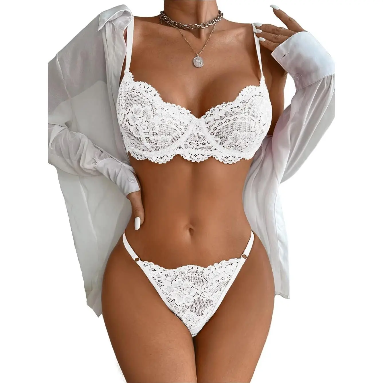 Sexy Bra and Panty Sets, Floral Lace Lingerie For Women, Classy Sheer Underwear Matching Thong Two Piece