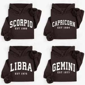 (Leave A Note or DM to Shop) Custom Zodiac with Est Year Hoodie - Dark Chocolate Color, Horoscope Astrology Graphic Hoodie, Unisex Crewneck Hoodie, Personalized Zodiac Energy Gift for Birthday, Star Sign Lovers - HARSIN