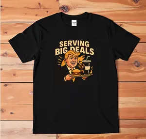 Serving Big Deals Funny Burger Fries Soda Graphic T-Shirt Political Parody Tee