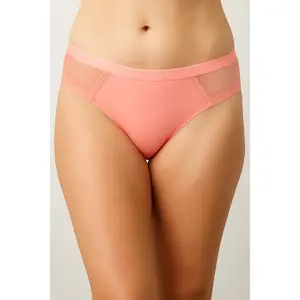 Women's Minimalist Lightweight Pink Laser-Cut Thong Panties - Spandex-Nylon Fabric, Mesh-Lace Slip Underwear for Clothes Layering