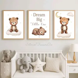 Teddy Bear Nursery Wall Art Set, Dream Big Little One Prints, Baby Boy Girl Neutral Woodland Animal Decor,Printed Nursery