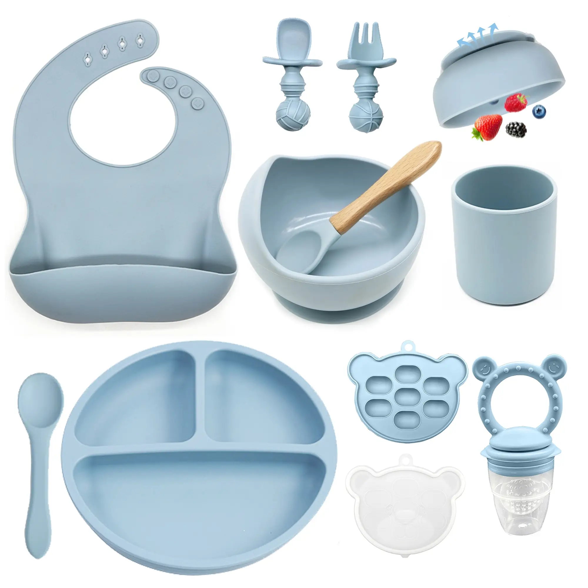 Baby Feeding Set Silicone Smiley Face Plate, Snail Bowl, Bear Food Box, Bib, Cup, Forks, Baby Food Tools for Infants
