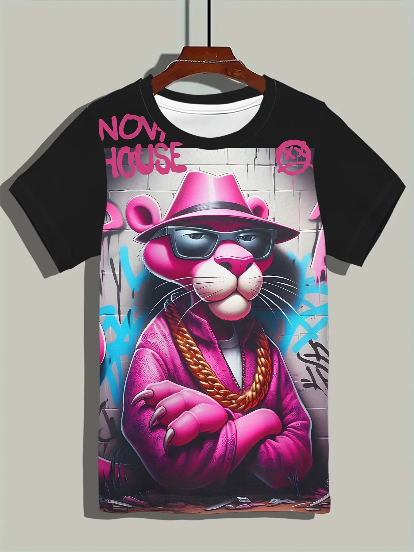 Men's Hip Hop Pink Panther Short-Sleeve Round Neck T-Shirt, Sunglasses, Gold Chain, Streetwear Graphic Top, Cartoon Item, Y2K American Retro Street Style, Regular Fit, Casual Street Fashion, Menswear
