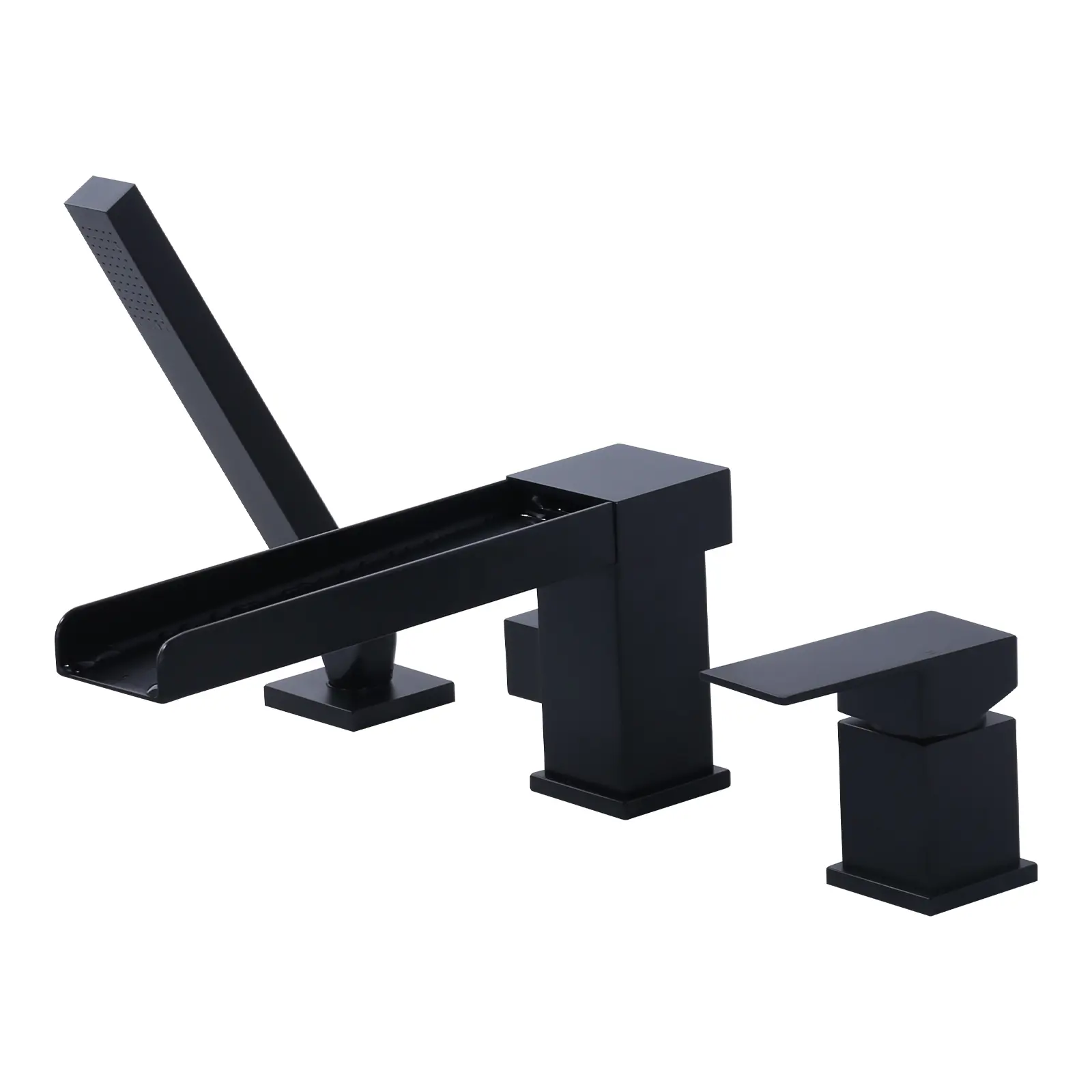 WOWOW Matte Black 3-Hole Deck Mount Bathroom Faucet - Glam Industrial Style, Rotating Spout, Waterfall Tub Tap, Rainfall Handheld Shower, Faucet Attachment & Complete Installation Hardware Kit, Modern