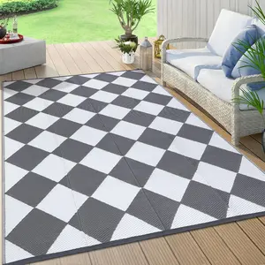 GARVEE Outdoor Rug 8x10 Waterproof Outdoor Plastic Straw Rug for Camping with Carry Bag, Reversible Easy Cleaning Checkered Floor Mat Outside Carpet for RV Patio Backyard Deck Picnic,Grey/White