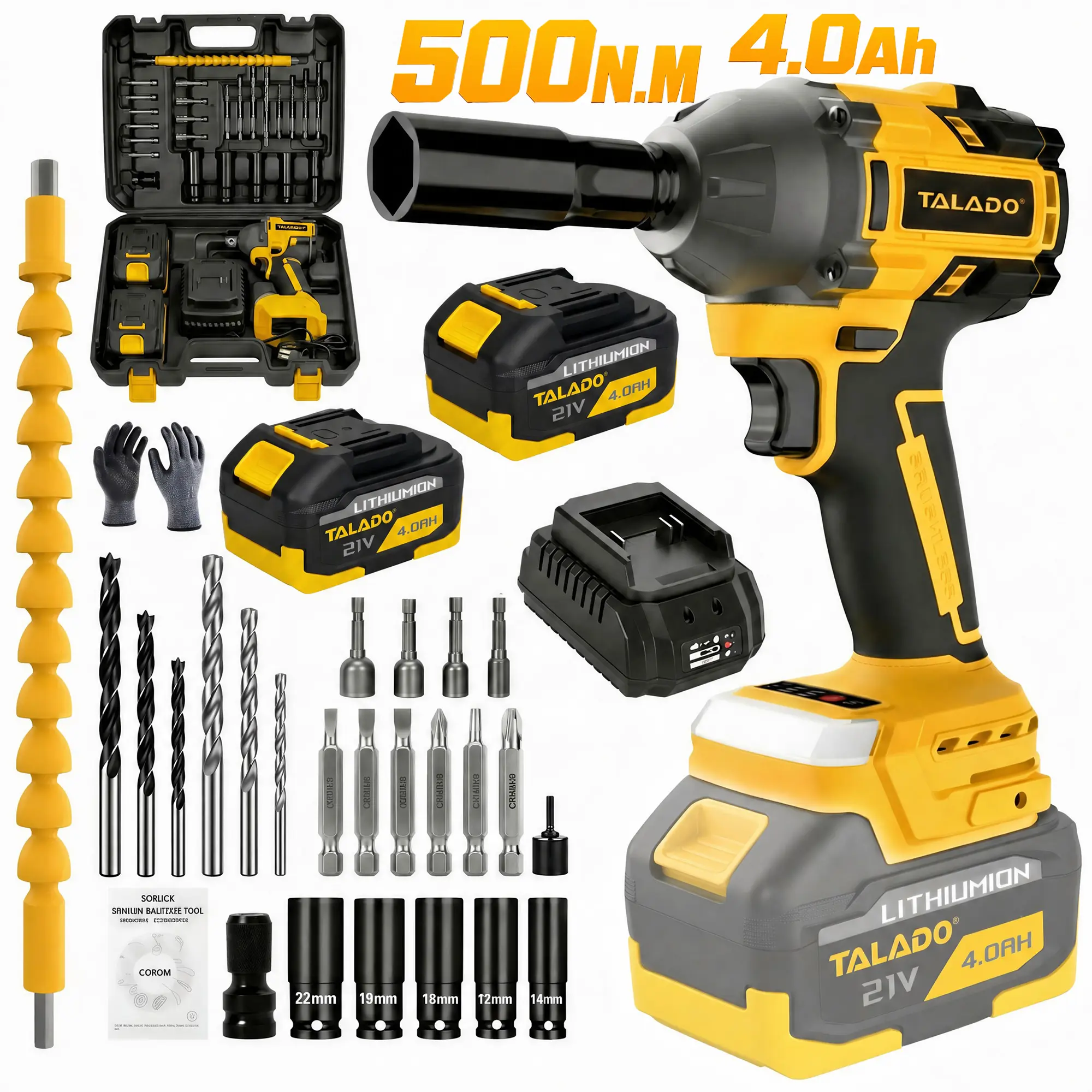 TALADO Cordless Impact Wrench, 21V High Torque 500N.m Cordless Power Tool for Car Tire Removal, Automotive Repair with 2×4.0Ah Battery Kit, Cordless Power Tools