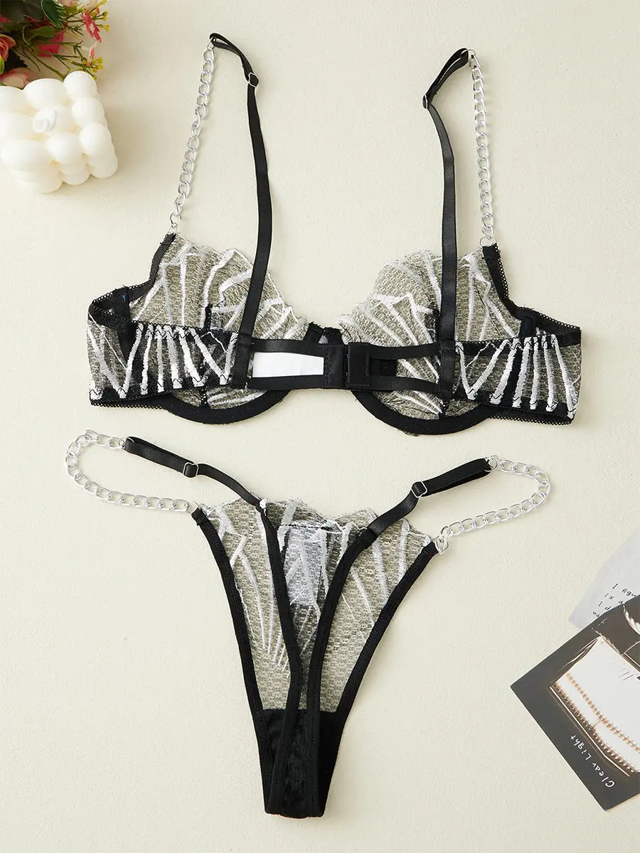 Seductive Lace Teddy with Metal Chain Detail and Matching Thong Set for Women s Erotic Lingerie Collection