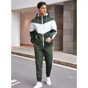 Men's Casual Two-Piece Set TH3896890 Stylish Color-Blocked Zip-Up Hooded Jacket & Fashionable Sportswear Suit in Solid Color Woven Fabric Menswear Clothes Pants Polyester Suits Top Gamis Fabric comfortable two-piece
