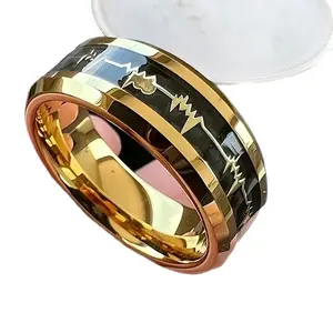 Viral Heartbeat Carbon Fiber Stainless Steel Couple Rings Matching Promise Bands