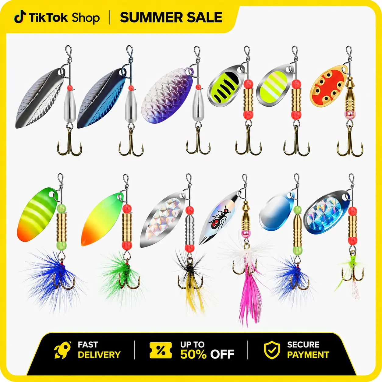 TRUSCEND Spinner Baits, 12pcs Rooster Tail Kit with 2.2"-3" Heavy Jigs & 360° Rotation Copper Propeller Blades for Bass & Trout, Assorted Sizes, Propeller Shape, Create Varying Degrees Of Flash And Vibration, Life-Like, Heavy Weight