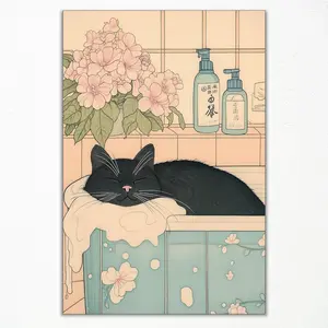 Cute Black Cat Canvas Wall Art Wrapped Funny Japanese Cat In Bathroom Poster Neutral Japandi Cat Aesthetic Print With Pink Flowers Picture Decor bedroom decor     room decor for men   wall decor    men room decor  room decor for girls