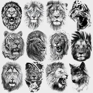 12 Waterproof Temporary Tattoo Stickers, Realistic Tiger Lion Wolf Designs, Adult Men Women Fake Tattoos for Unique Body Art, Arm Temporary Tattoos