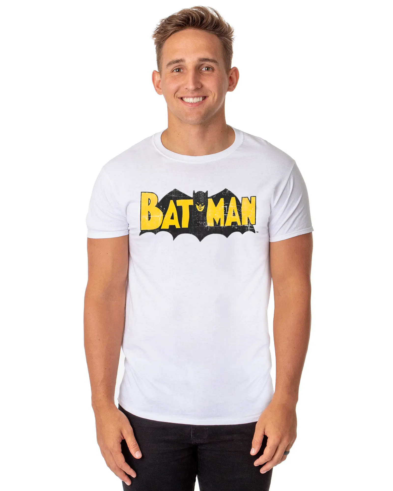 DC Comics Batman T-Shirt Men's Distressed Throwback Logo Adult Graphic Tee, Streetwear, Shortsleeve