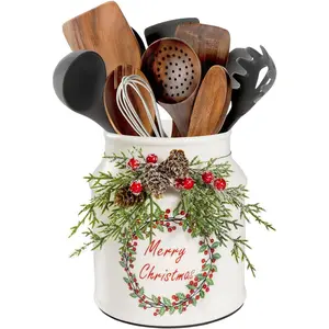 Christmas Utensil Holder, Cute Christmas Wreath Utensils Holder for Christmas Kitchen Decor, Xmas Vintage Rustic Ceramic Utensils Crock With Pinecone Accents for Indoor Kitchen Decorations