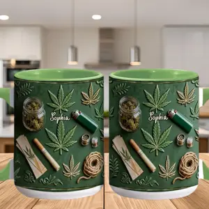Personalized Green Leaf Accent Mug 2D Printed 3D Effect Custom Name Coffee Cup Unique Nature-Inspired Design Relax Vibes Novelty Gift for Friends Plant Lovers Funny Everyday Use Present