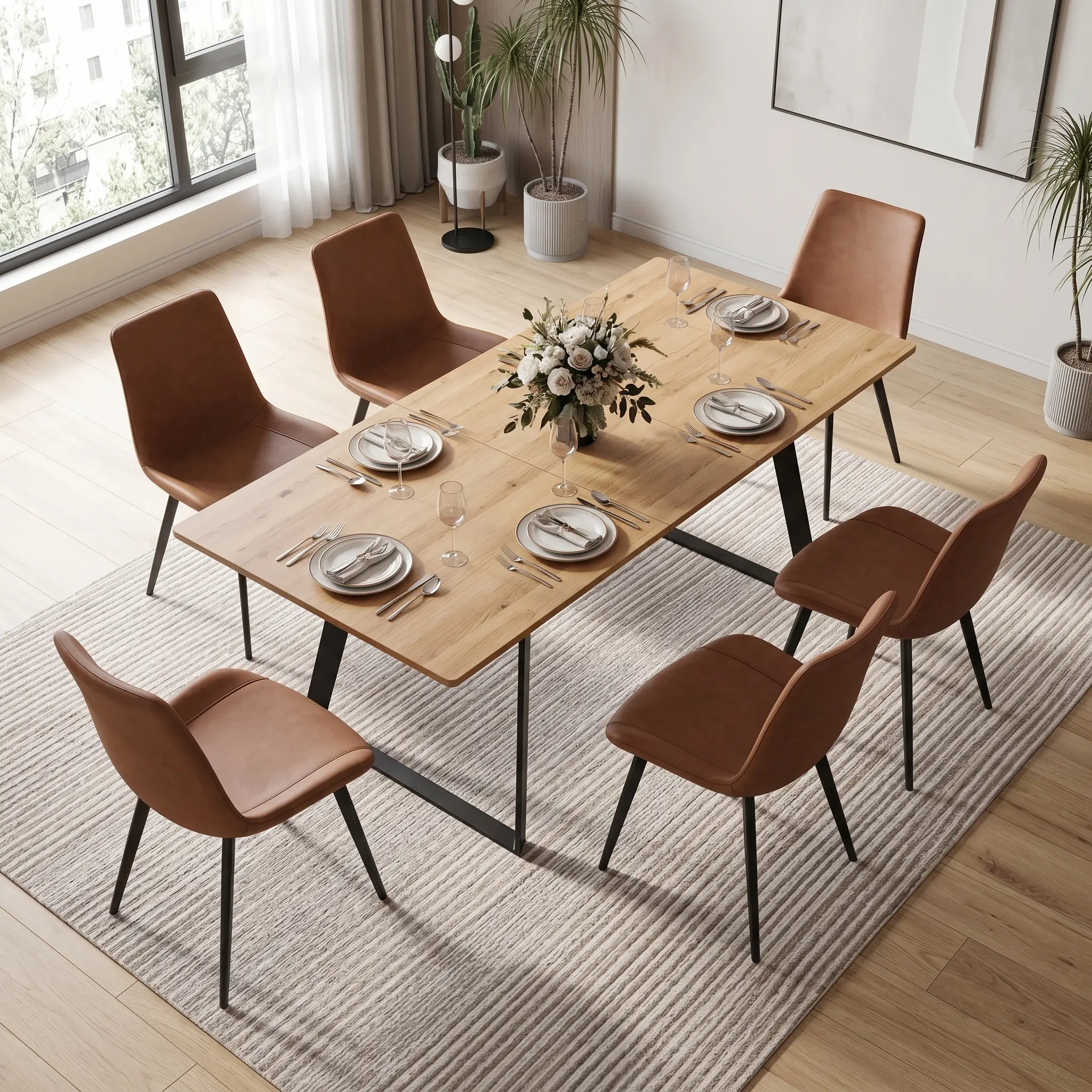 HIPIHOM Modern Extendable Dining Table Set for 6 - Dual-Use Wood Table Metal Frame & 6pcs Ergonomic PU Leather Chairs, Kitchen & Dining Room Furniture, Ideal for Small Spaces (Natural Wood Grain + Retro Brown, 1 Table + 6 Chairs)