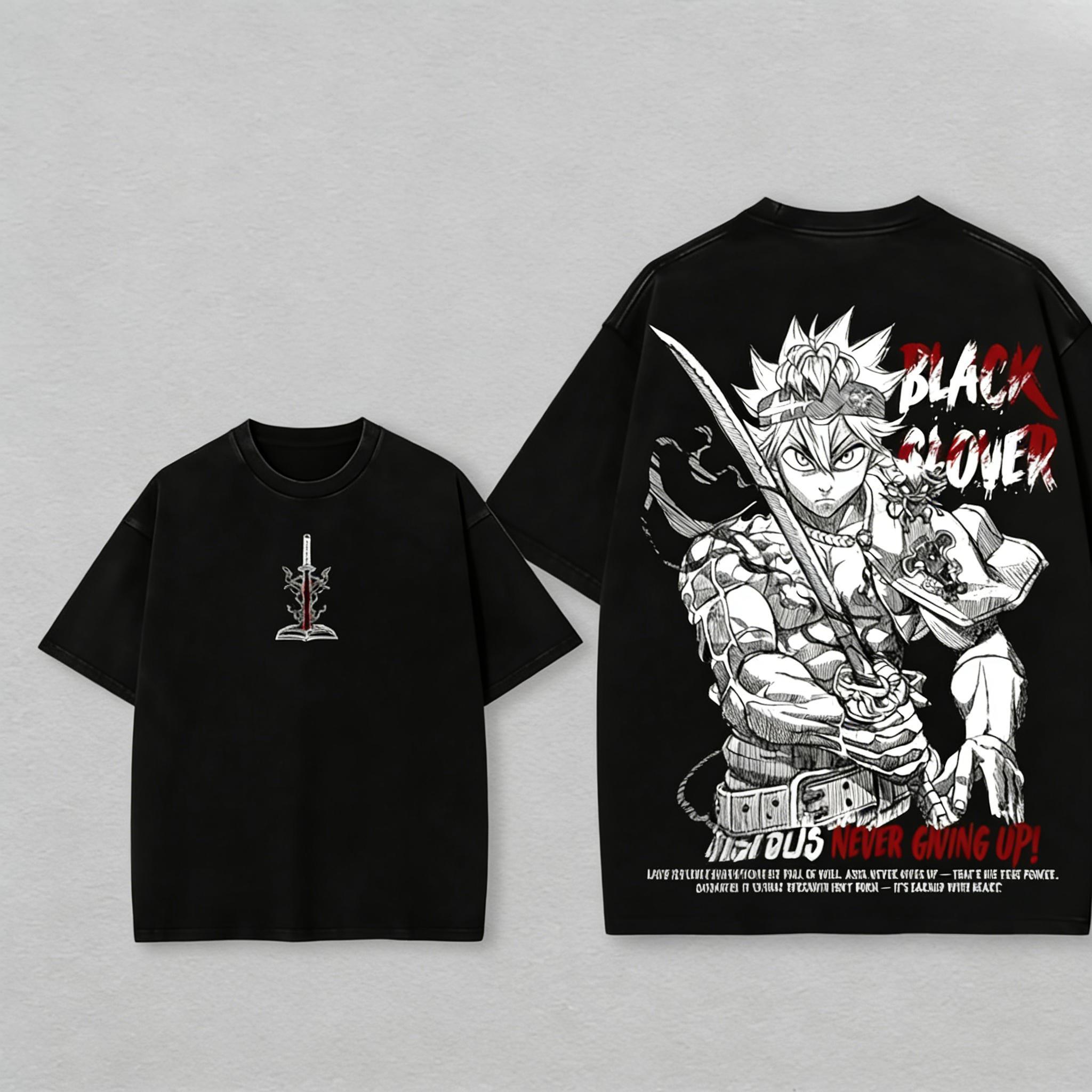 lack Clover Vintage Retro 90s T-Shirt Washed Oversized Heavyweight Cotton Anime Tee, Unisex Manga Streetwear Gift for Anime Fan & Otaku Lover Black Clover Anime Merchandise