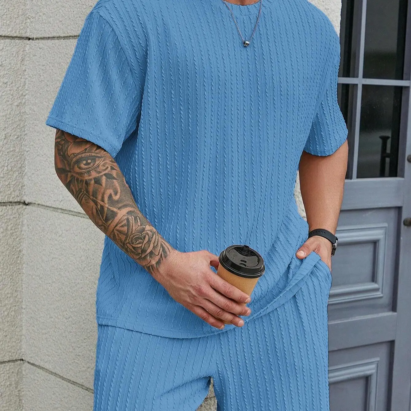 KZZ Men's 2-Piece Set - Casual Solid Textured T-Shirt & Shorts, Relaxed Fit Trendy Menswear for Spring Summer, Fashion, 2 Piece Sets, Men's 2 Piece Sets, Trendy Clothing Sets