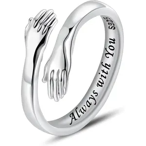 S925 Sterling Silver Hug Rings for Women Adjustable Hugging Hands Open Ring for Men Promise Rings Jewelry Birthday Mothers Day Gifts for Dad Mom Wife Daughters Grandma Best Friend silver  jewelry  925
