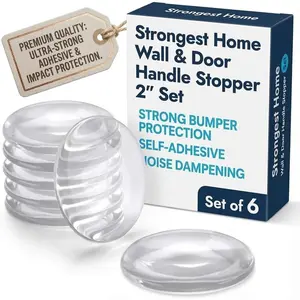 Wall Protector for Door Knobs, 2-Inch - Clear Self-Adhesive Door Stopper Guards - Quiet Rubber Bumpers for Wall Protection, 6-Pack