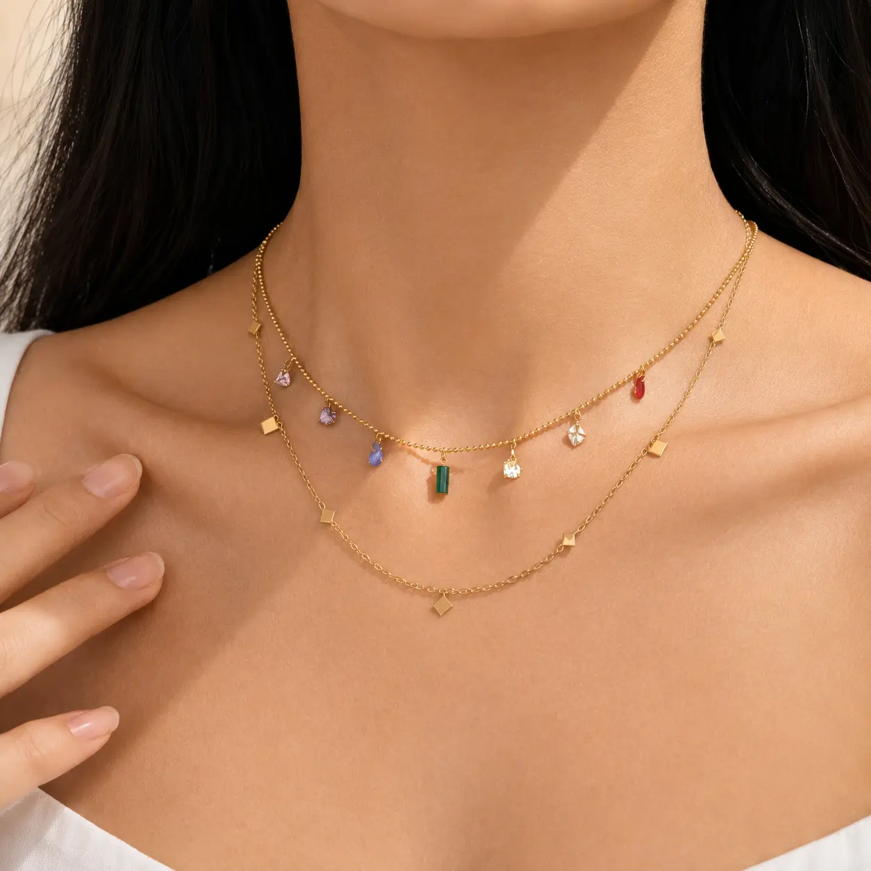 18K Gold Plated Layered Necklace for Women, Colorful Gemstone Double Layer Necklace, Waterproof Tarnish Resistant Dainty Gold Jewelry, 45cm + 5cm Extender