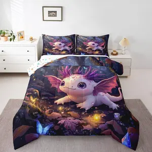 Feelyou Axolotl Bedding Set - Breathable Microfiber Polyester Fiber Kawaii Look Comforter Set, Multi-Size Galaxy Purple Blue Reptile Salamander Pattern Room Decor