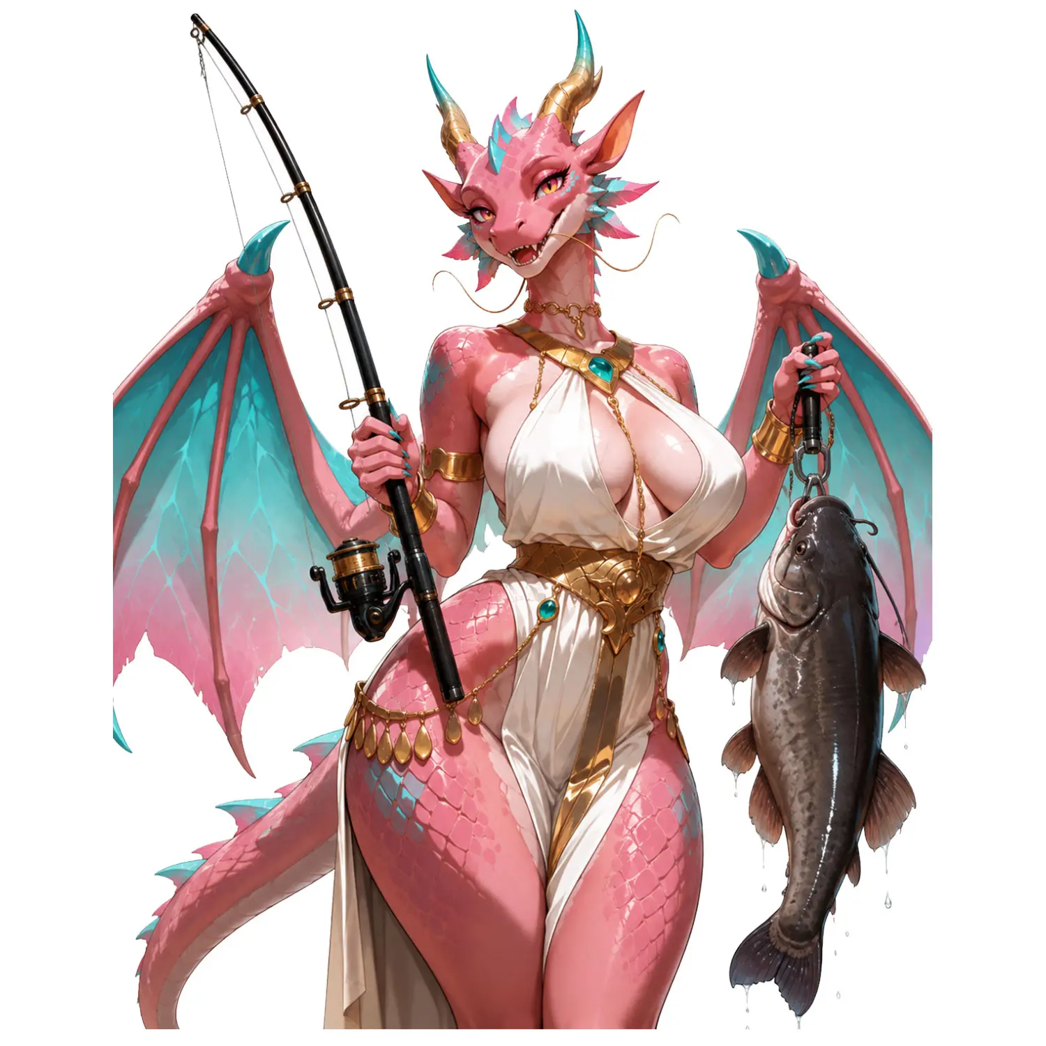 Pink Dragon Catfish Fishing Sticker, Fantasy Angler Holding Fishing Rod and Big Catch, Colorful Outdoor Decal for Laptop, Tumbler, Car or Fishing Gear