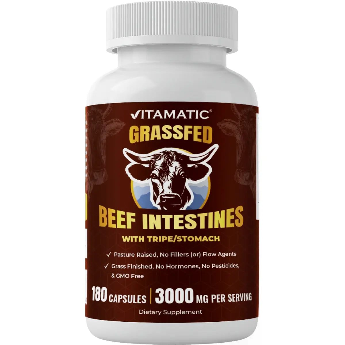 Vitamatic Grass-Fed Bovine Glandular Dietary Supplement Capsules - 180 Count, Allergen-Free (Dairy, Lactose, GMO), Pasture-Raised, with Beef Intestines, Tripe/Stomach, Liver, Immunity & Youth Support