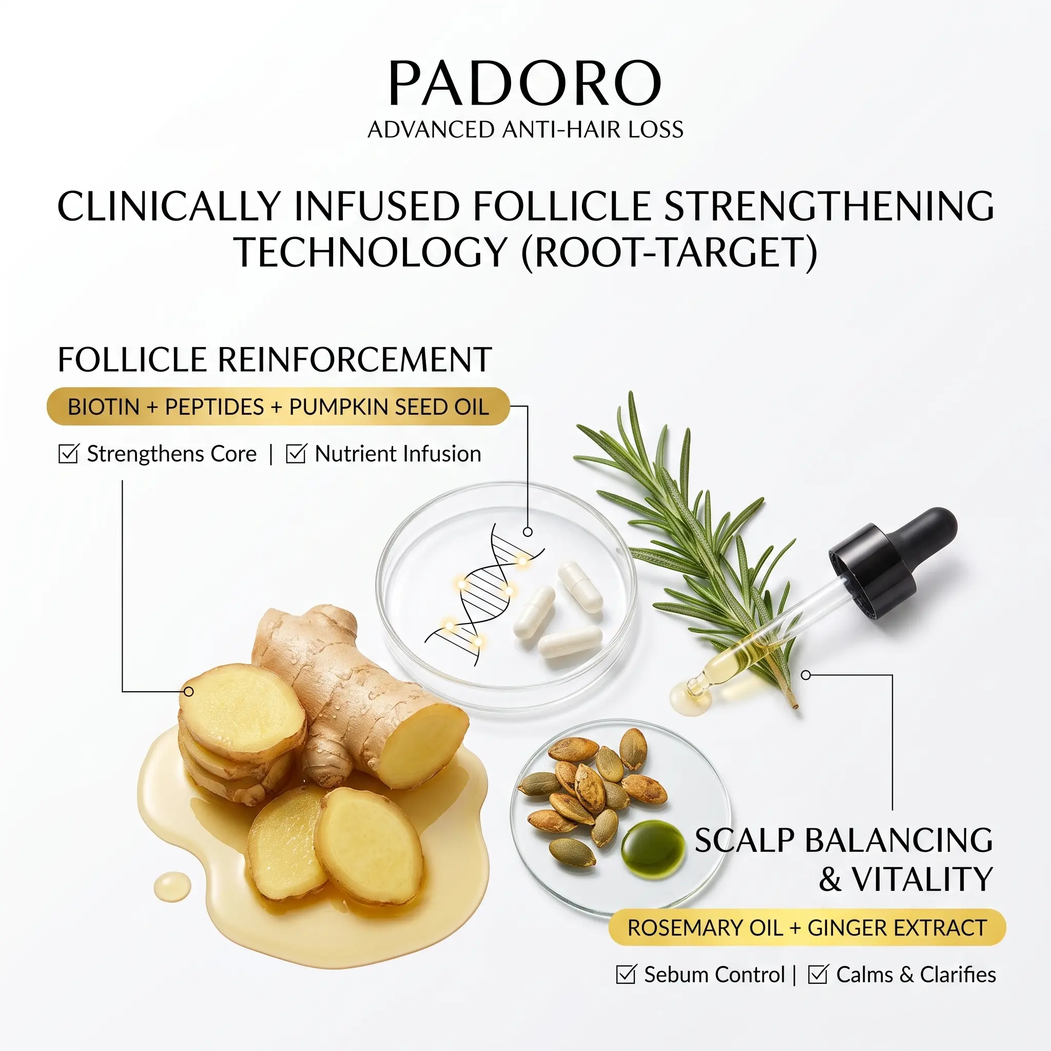 PADORO 防脱发精华凝胶，男女适用，蕴含有机迷迭香油、生物素和胶原蛋白复合物，令秀发更浓密、更丰盈、更长，强健头皮，加速头发稀疏及头皮问题的改善。