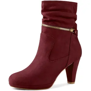 BLISSFUL STEP Women's Round Toe Platform Block Heels Mid Calf Boots