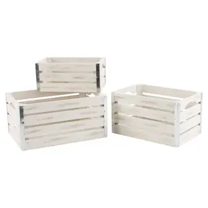 212 MAIN 8116-S3 Medium Whitewash Wooden Crates (Set of 3) - Stackable Durable Storage Organizer for Room, Multipurpose Home Organizer with Metal Accents, Storage Holders & Racks