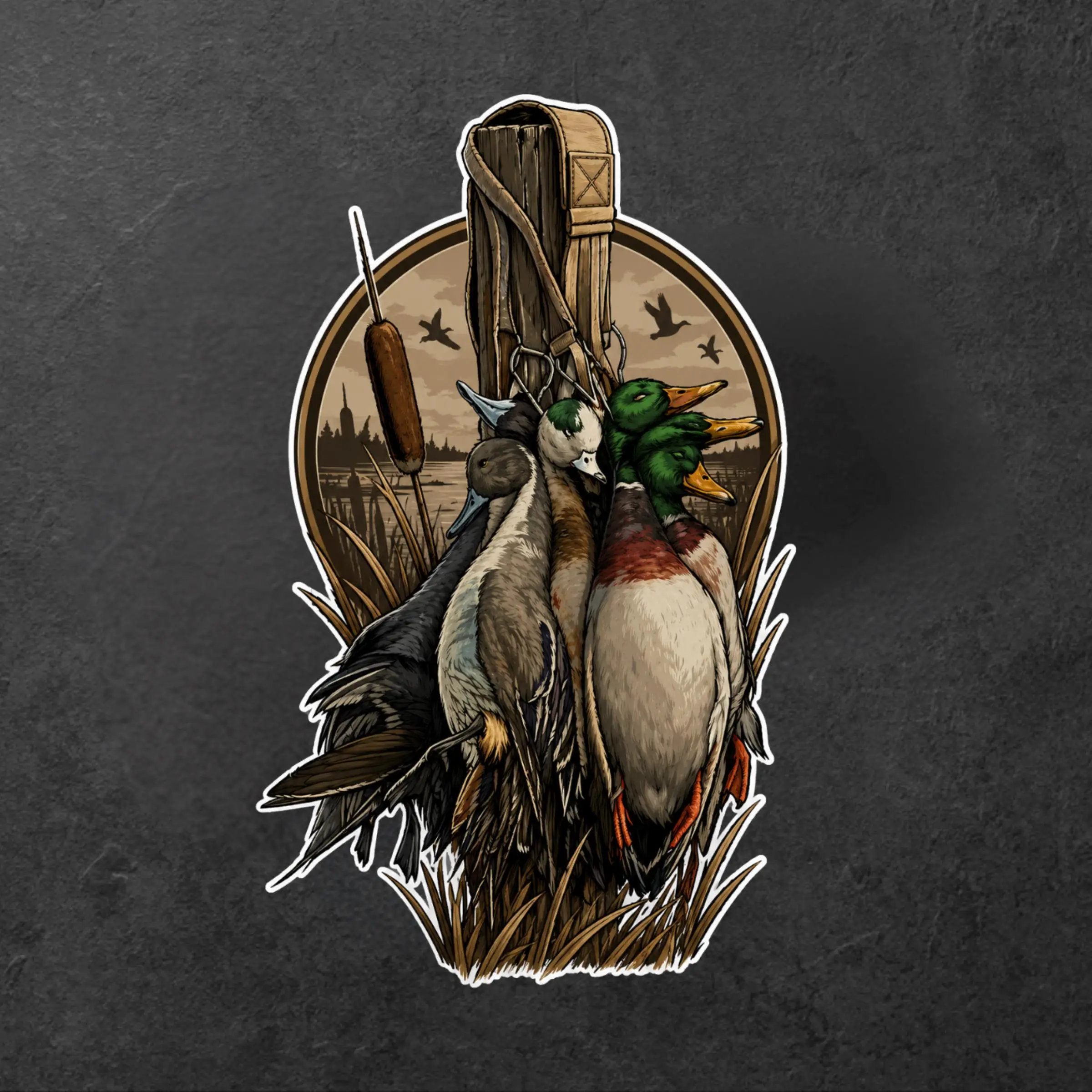Mallard Duck Hunting Sticker, Waterfowl Game Birds Outdoor Decal, Vintage Marsh Hunter Sticker for Laptop Tumbler Cooler Car