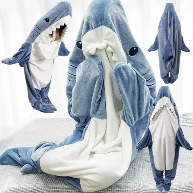 Cute Shark Blanket Plaid Women Pajamas Sleeping Bag Fabric Robe Shark Blanket Plaid Gown Adult Homewear Nightgown Comfy Bathrobe Loungewear Nightwear Fashion Sleepwear