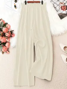 Plus Size Solid Knot Front Elastic Waist Wide Leg Pants, Casual Loose Trousers for Daily Wear, Women's Bottoms for Spring & Summer, Summer Outfits 2024