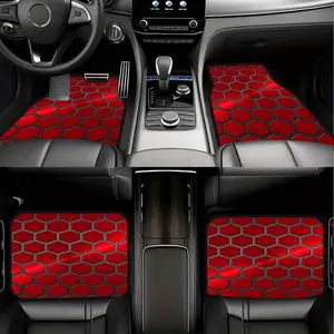 4-piece set of red honeycomb car floor mats, front and rear seat covers, suitable for cars, trucks, and SUVs, with a metallic texture design, stylish interior accessories