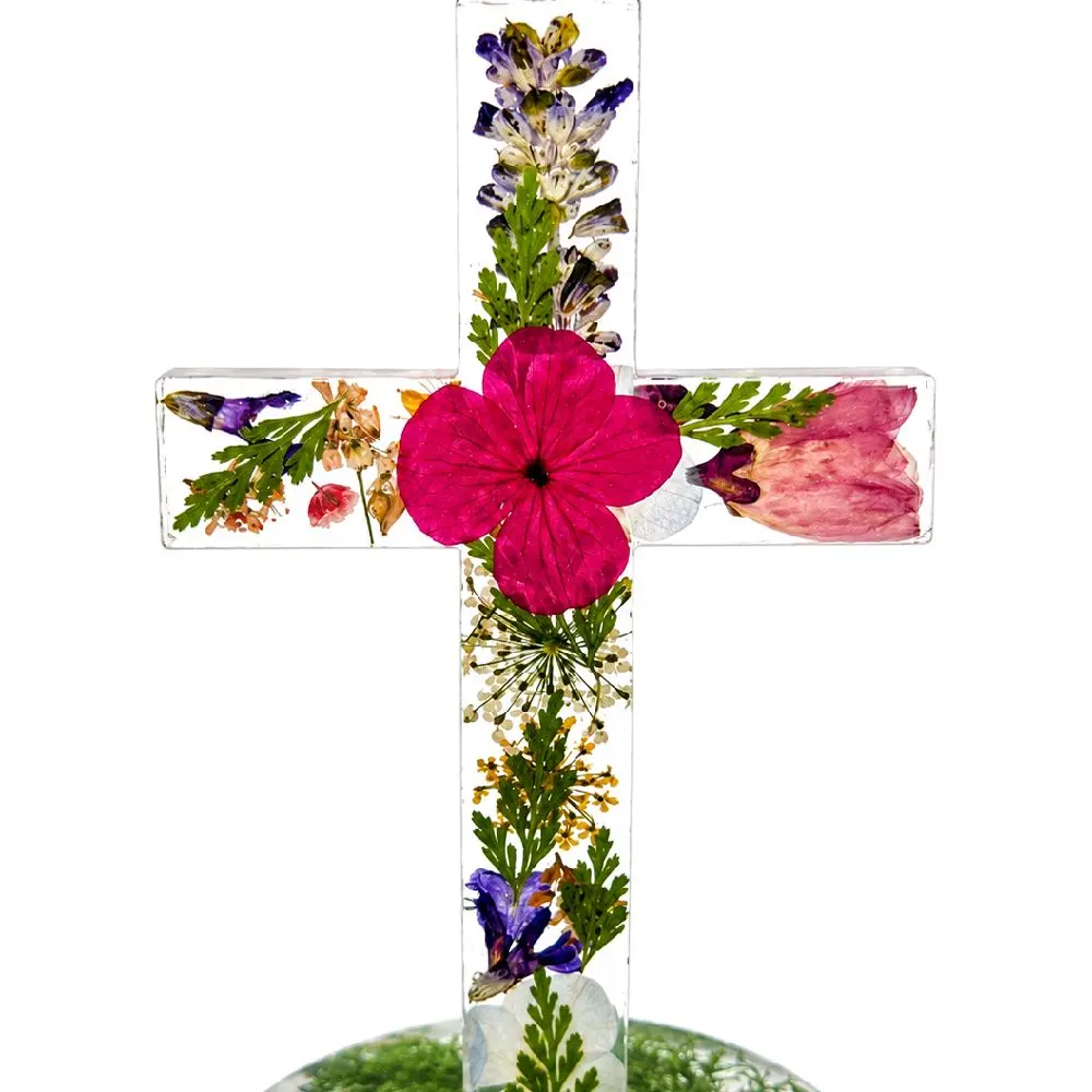 Resin Floral Cross, Embedded Pressed Flowers, Round Base Decor for Home & Memorial Gifting