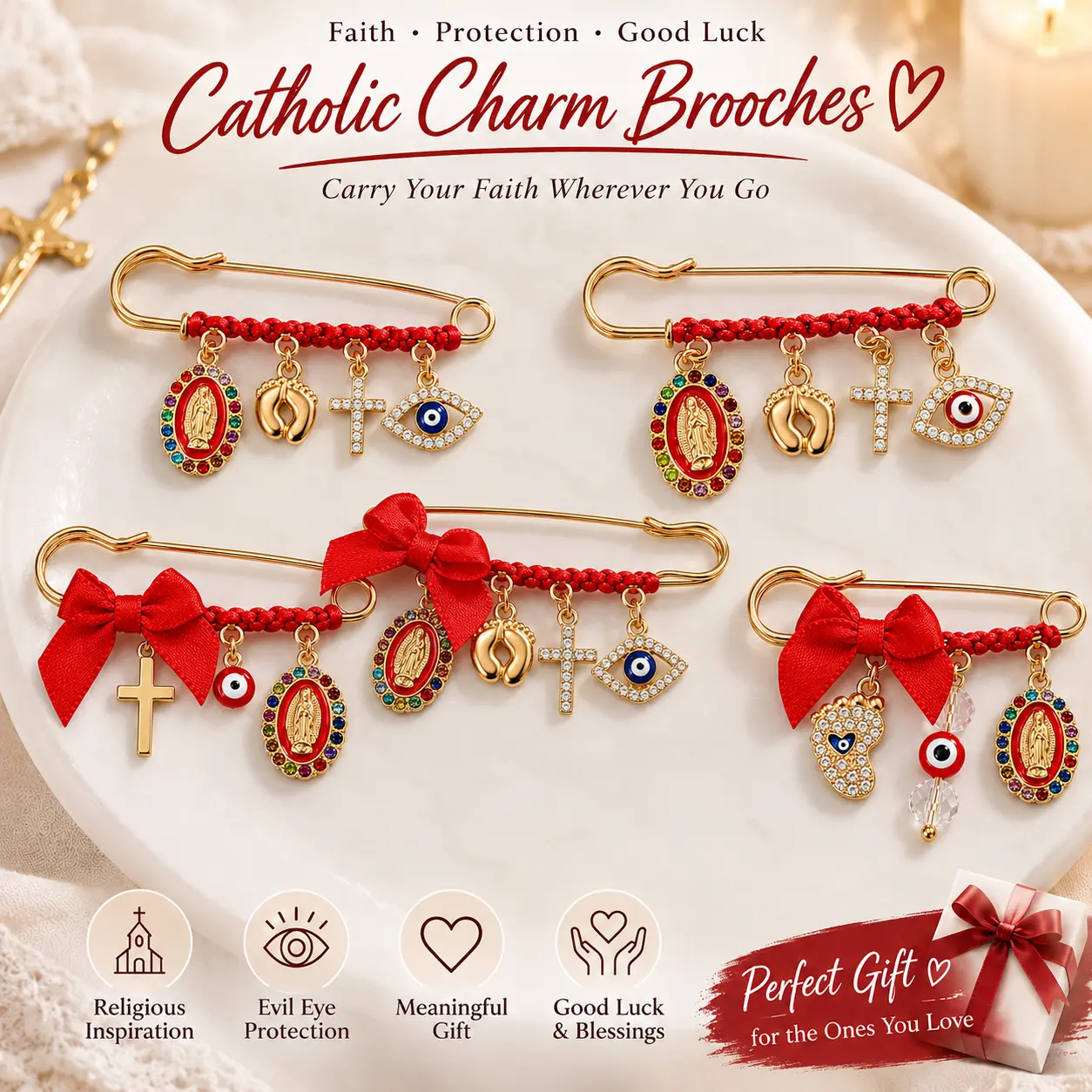 Pregnancy and Baby Protection Brooch Religious Amulet Safety Pin for Pregnant Women – Featuring Our Lady, Evil Eye, Cross, Prayer Hand Charms, Red String Religious Guardian Pin, Faith Blessing Amulet, a Meaningful Religious Gift for Your Loved Ones