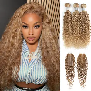ALHER Blonde Highlight Bundles with Closure Water Wave Human Hair 13A Virgin #F27/613 Human Hair 3 Bundles with Color #27 Honey Blonde 2x6 HD Lace Closure Deep Parting Wet n Wavy Weave 100% Raw Brazilian Silky Colored Hair 1/3 Bundles Weaves Extension