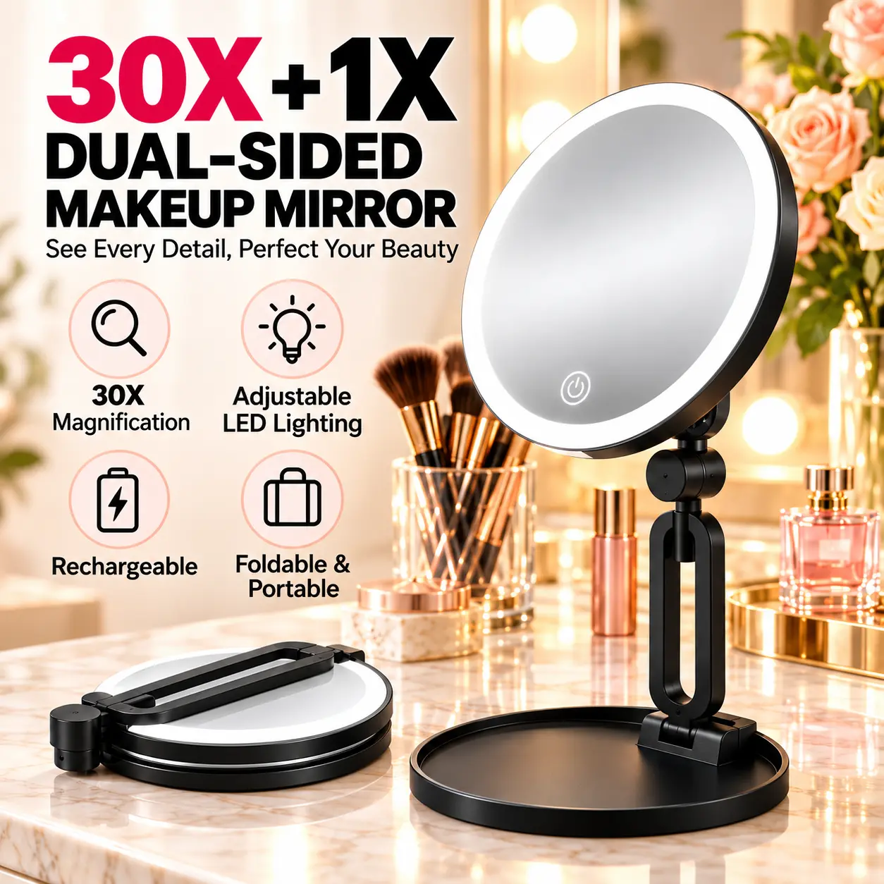 30X Magnifying Makeup Mirror with LED Light, 1X/30X Double Sided Rechargeable Folding Vanity Mirror, Adjustable Portable Travel Makeup Mirror for Women