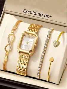 4 Piece Set Watches For Women, Alloy Strap,Women's & Girls's Casual Style Quarts Watch, Bracelets, Comfortable Fit, Versatile Design, Perfect for Everyday Wear, Stylish and For Birthday, Anniversary, Halloween, Holiday Gifts, Jewelry Watch Set