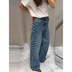 Bead women’s denim jeans, loose fit, high-waisted, zippered pockets, straight leg, versatile for any outfit, Y2K street style, ladies’ streetwear, bottom pants, basic minimalist hip piece, available in blue (01), 2025