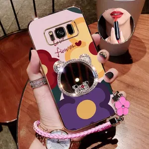 1 Piece Three color cartoon flowers with lanyard Pattern Protection Suitable For Samsung S8 Phone Cases s8 Comfortable feel Case Featuring Impact Resistant For Casual